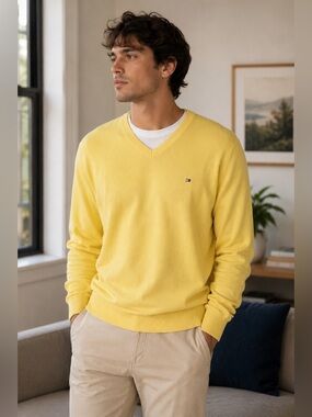 Tommy Hilfiger Men's V-Neck Sweater in Bright Yellow Size XL Classic Preppy